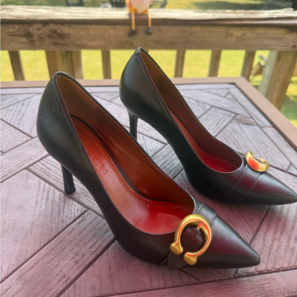 Coach Black Leather Heels with Brass Signature C’s. Size 6